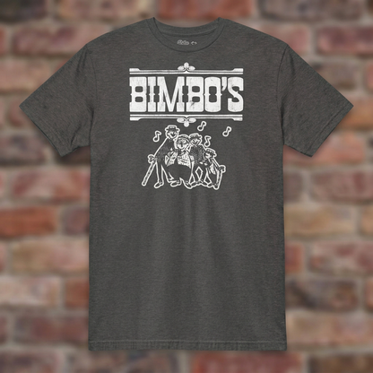 Bimbo’s Ann Arbor Dark Heather Grey T-shirt flat lay on brick background