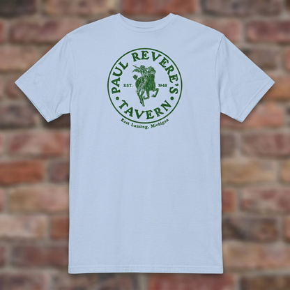 Paul Revere's Tavern Light Blue T-shirt flat lay on warm brick