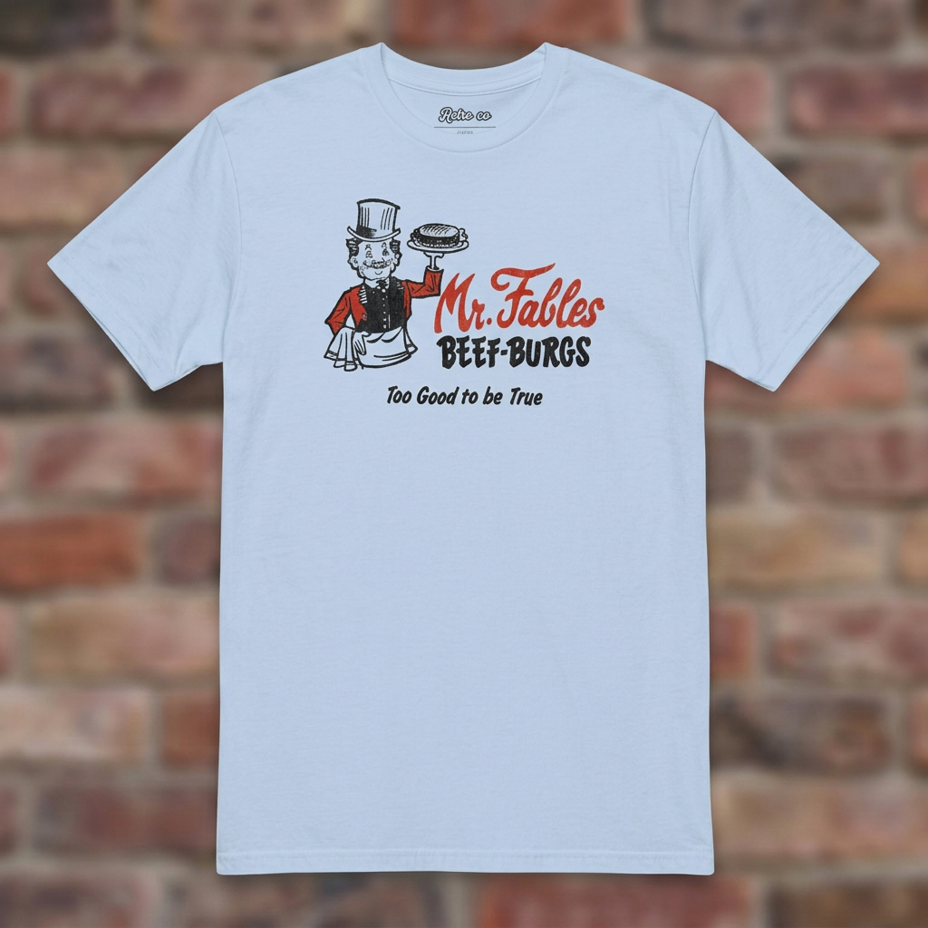 Light Blue Mr. Fables T-shirt flat lay on warm brick