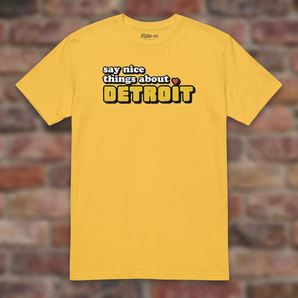 Say Nice Things About Detroit Daisy T-shirt flat lay on brick background