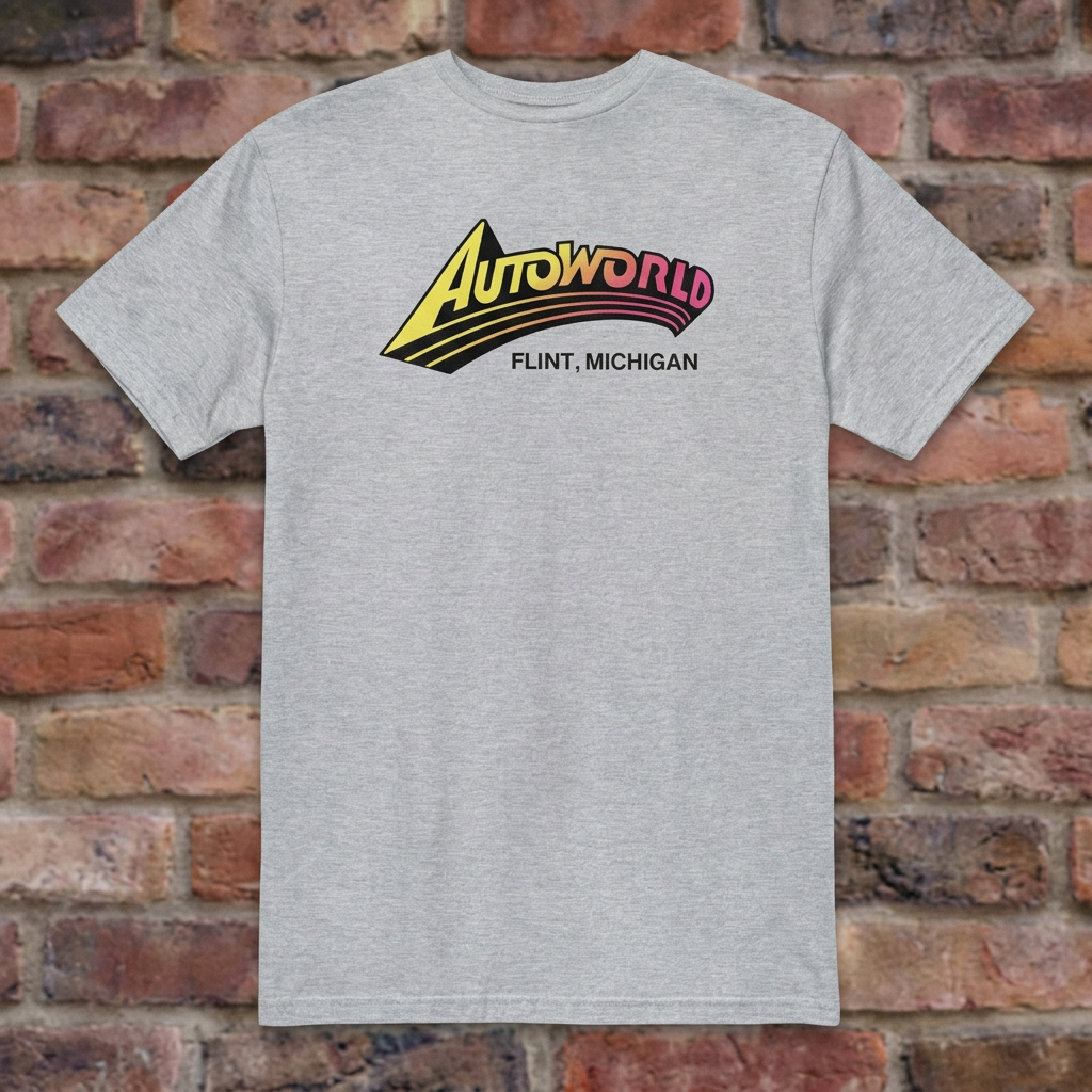 Autoworld Sport Grey T-shirt flat lay on brick background