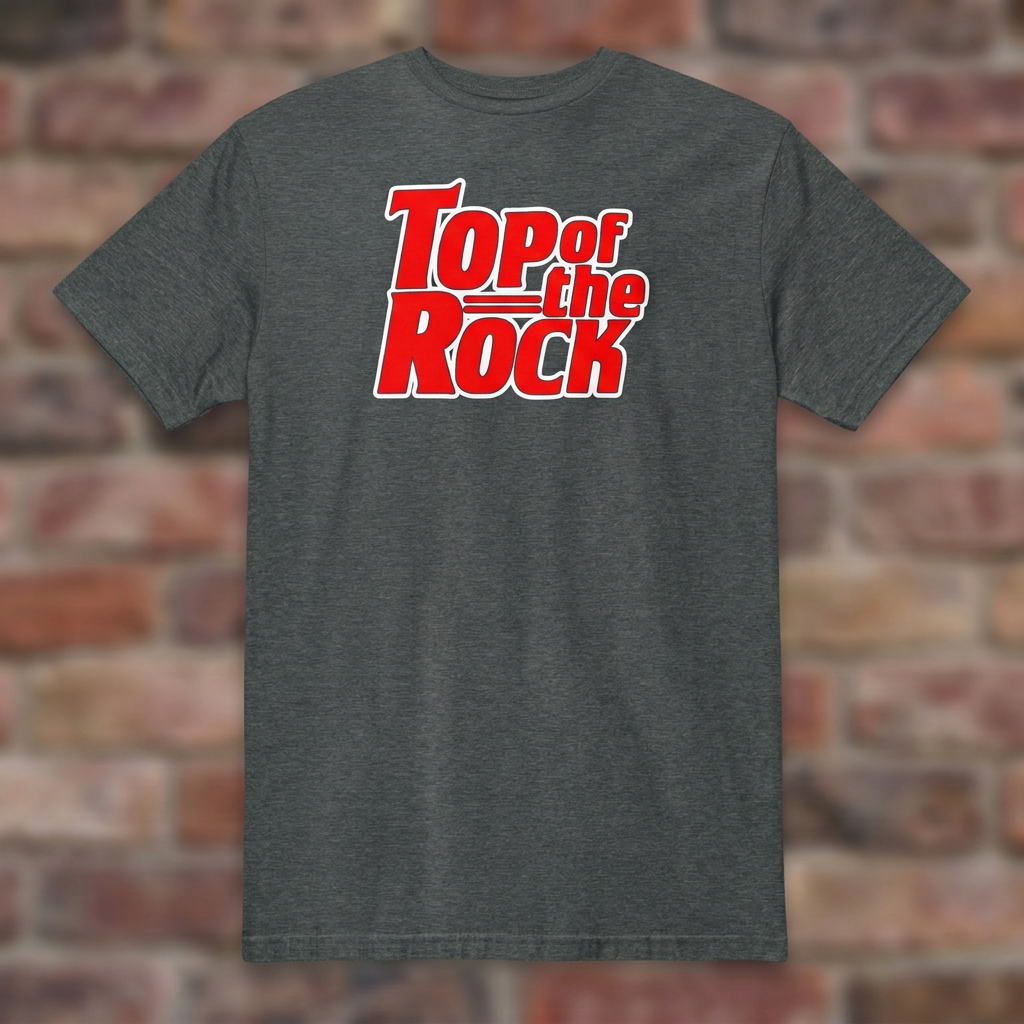 Top of the Rock Dark Heather T-shirt flat lay on brick background