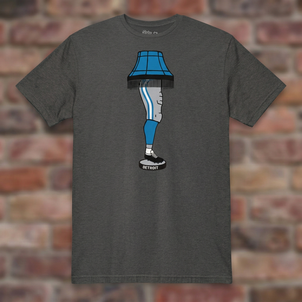 Dark Heather Grey Detroit Football Leg Lamp T-shirt flat-lay against weathered brick