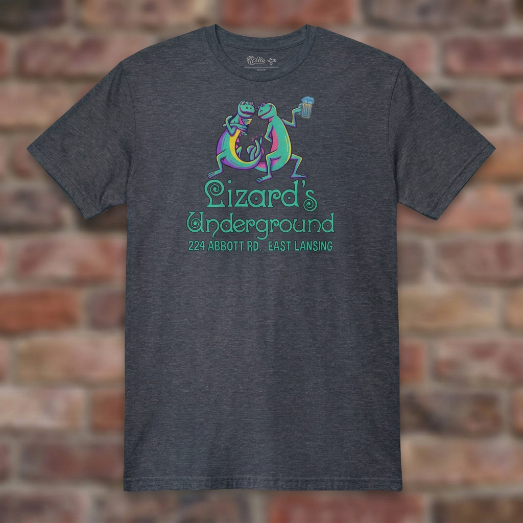Lizard's Underground East Lansing Heather Navy T-shirt flat lay on brick background