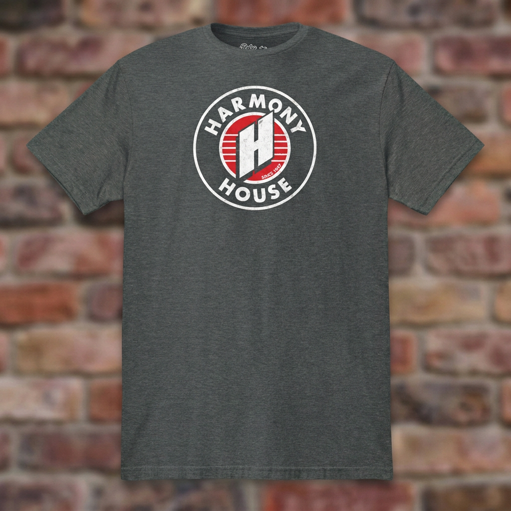 Harmony House Dark Heather T-shirt flat lay on warm brick