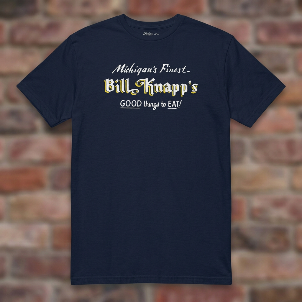 Navy Bill Knapp’s T-shirt flat lay on warm brick background