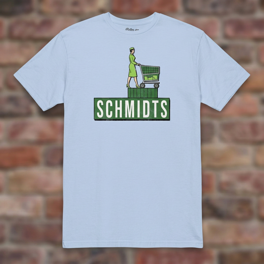 Schmidts Light Blue T-shirt flat lay on brick background