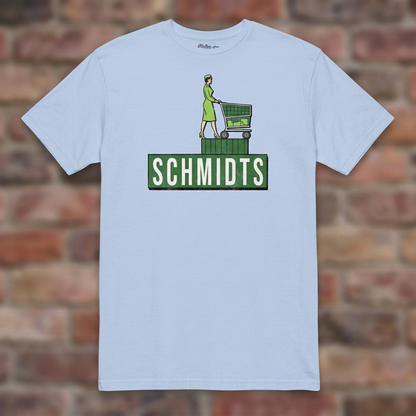 Schmidts Light Blue T-shirt flat lay on brick background