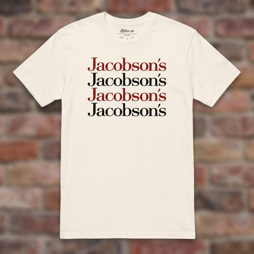 Jacobson's Natural T-shirt flat lay on brick background