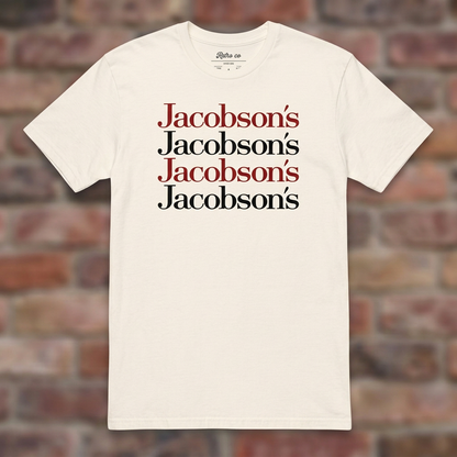 Jacobson's Natural T-shirt flat lay on brick background