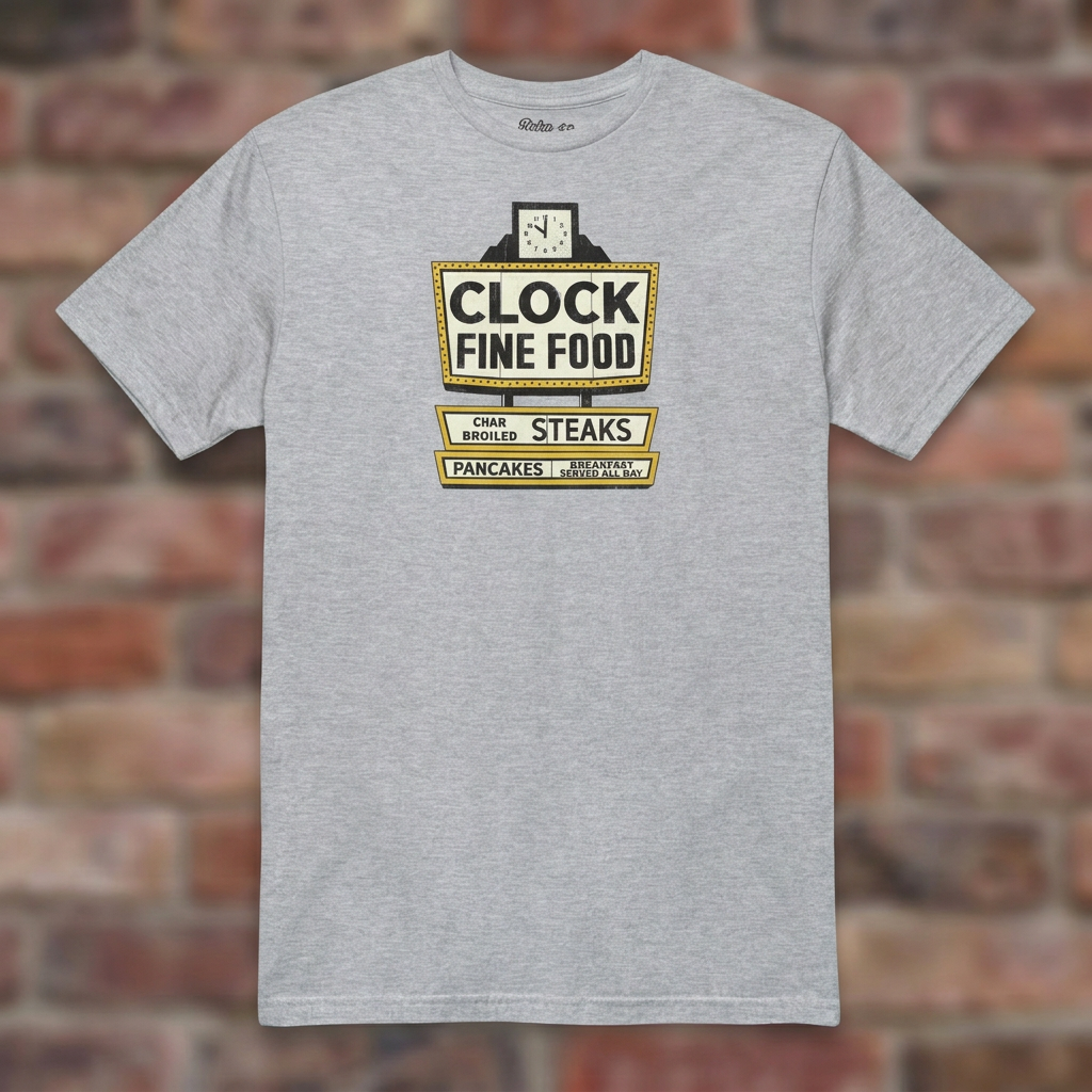 Clock Fine Food Sport Grey T-shirt flat lay on warm brick