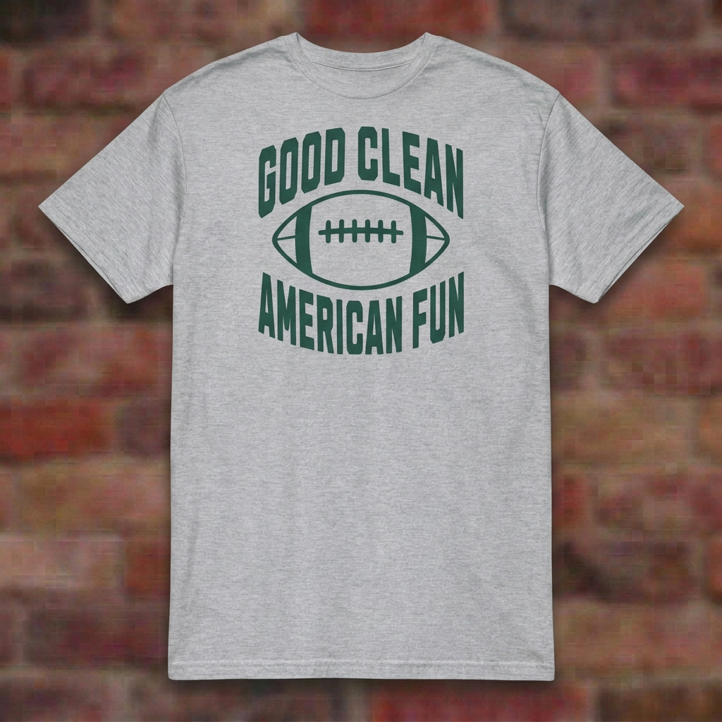 Good Clean American Fun Sport Grey T-shirt flat lay on brick background
