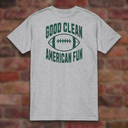 Good Clean American Fun Sport Grey T-shirt flat lay on brick background