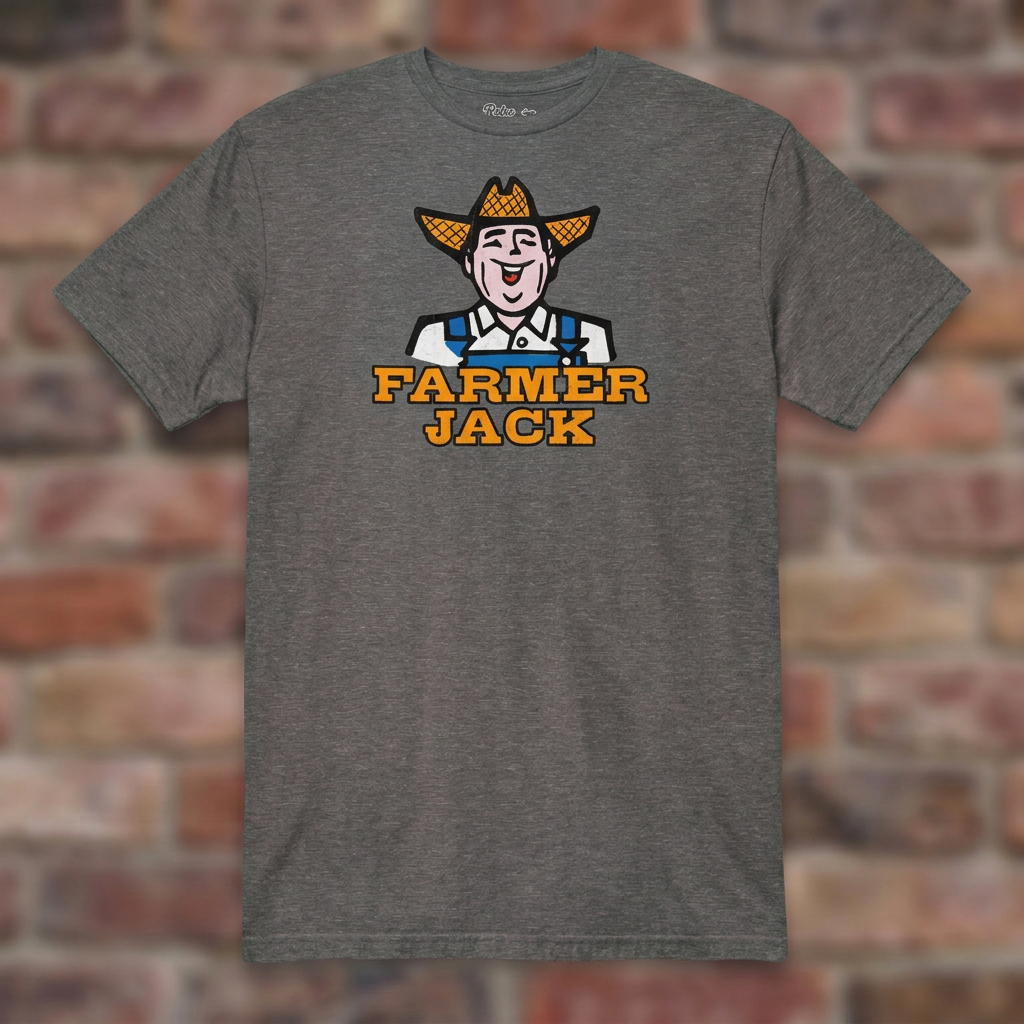 Graphite Heather Farmer Jack T-shirt flat lay on warm brick