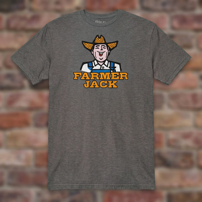 Graphite Heather Farmer Jack T-shirt flat lay on warm brick