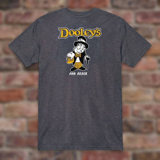 Dooley's Ann Arbor Heather Navy T-shirt flat lay on brick background