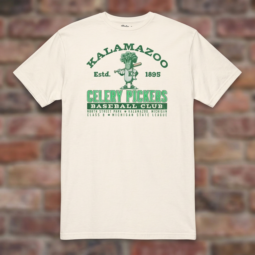 Kalamazoo Celery Pickers Natural T-shirt flat lay on brick background