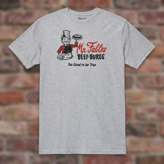 Sport Grey Mr. Fables T-shirt flat lay on warm brick