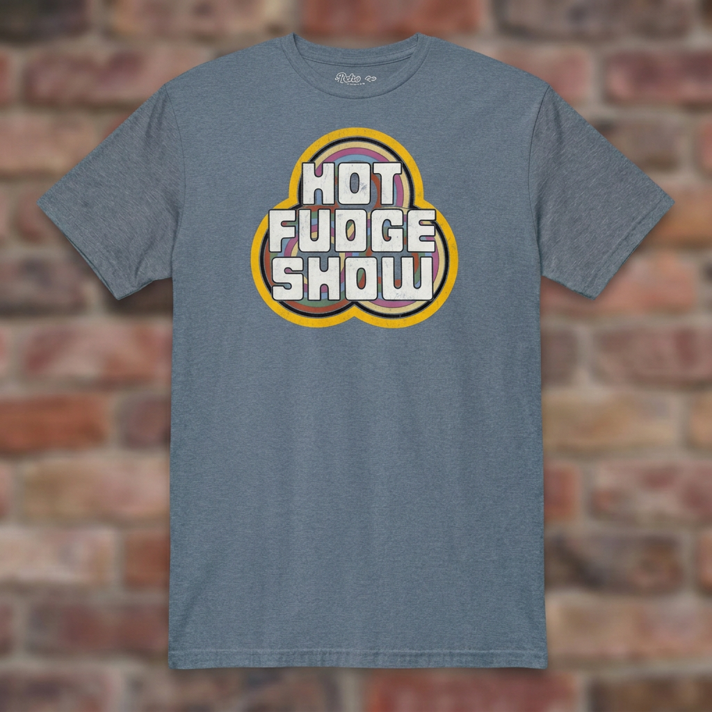 Hot Fudge Show Heather Indigo T-shirt flat lay on brick background