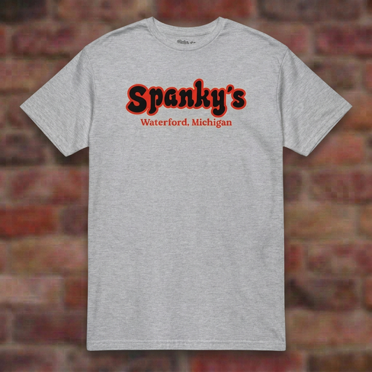 Spanky's Sport Grey T-shirt flat lay on brick background