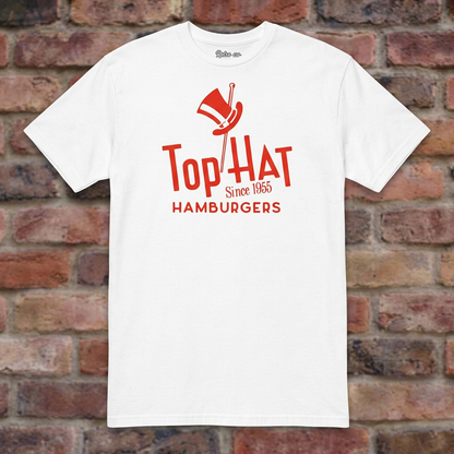 Top Hat Hamburgers White T-shirt flat lay on brick background