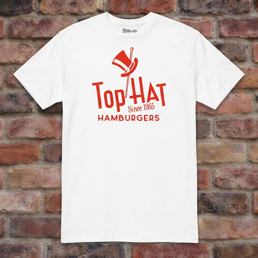 Top Hat Hamburgers White T-shirt flat lay on brick background