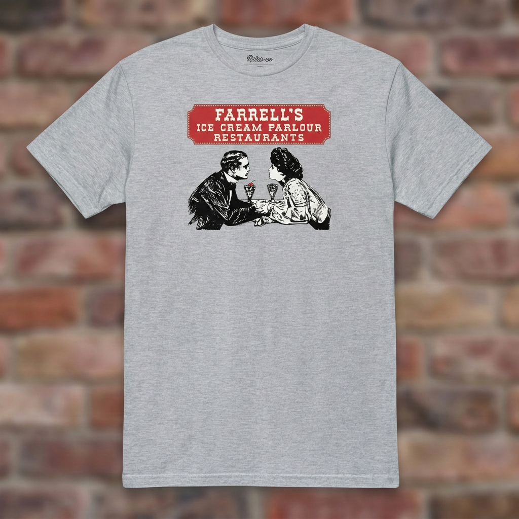 Farrell's Ice Cream Parlour Sport Grey T-shirt flat lay on brick background