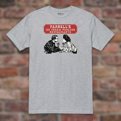Farrell's Ice Cream Parlour Sport Grey T-shirt flat lay on brick background