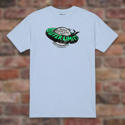 Outer Limits Light Blue T-shirt flat lay on brick background