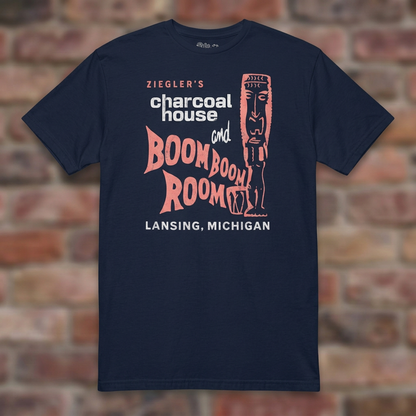Ziegler's Navy T-shirt flat lay on brick background