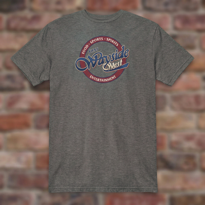 Wayside West Graphite Heather T-shirt flat lay on brick background