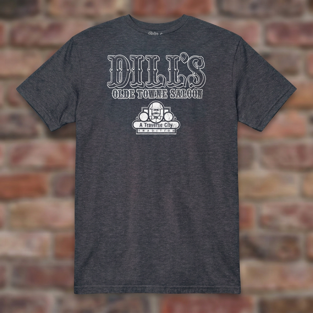 Dill’s Olde Towne Saloon Heather Navy T-shirt flat lay on brick background