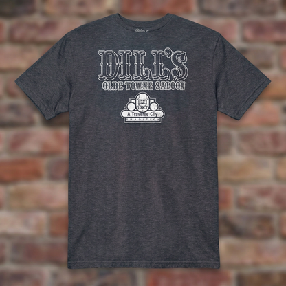 Dill’s Olde Towne Saloon Heather Navy T-shirt flat lay on brick background