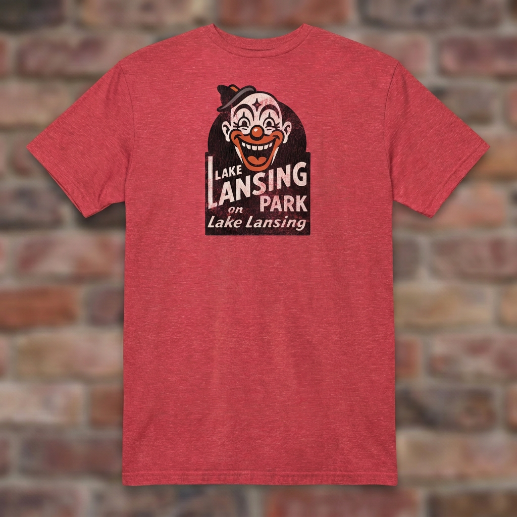 Lake Lansing Park Heather Red T-shirt flat lay on brick background
