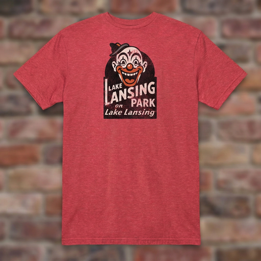Lake Lansing Park Heather Red T-shirt flat lay on brick background