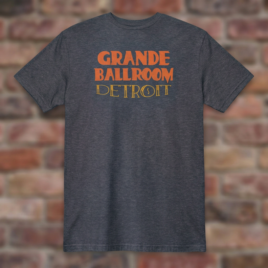 Grande Ballroom Detroit Heather Navy T-shirt flat lay on brick background