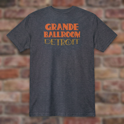 Grande Ballroom Detroit Heather Navy T-shirt flat lay on brick background