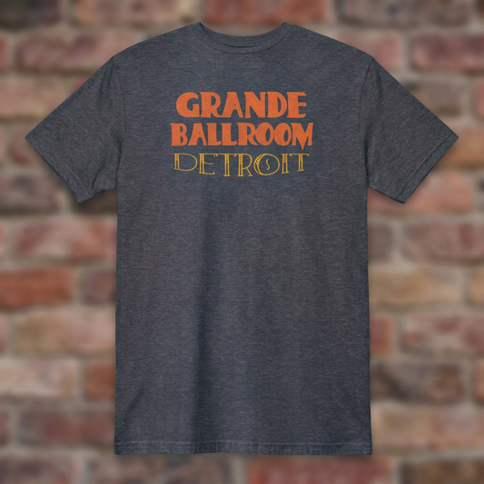 Grande Ballroom Detroit Heather Navy T-shirt flat lay on brick background
