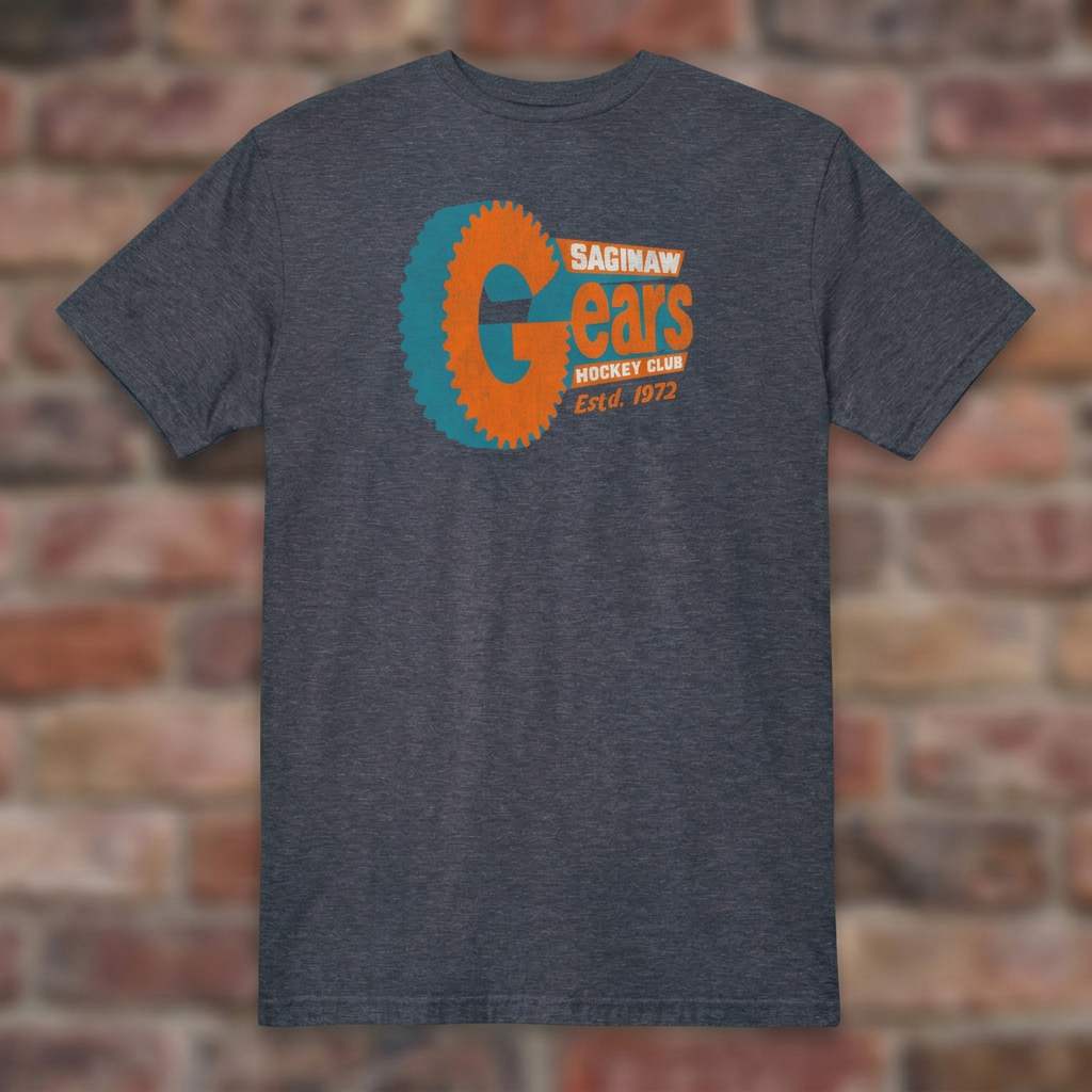 Saginaw Gears Heather Navy T-shirt flat lay on warm brick