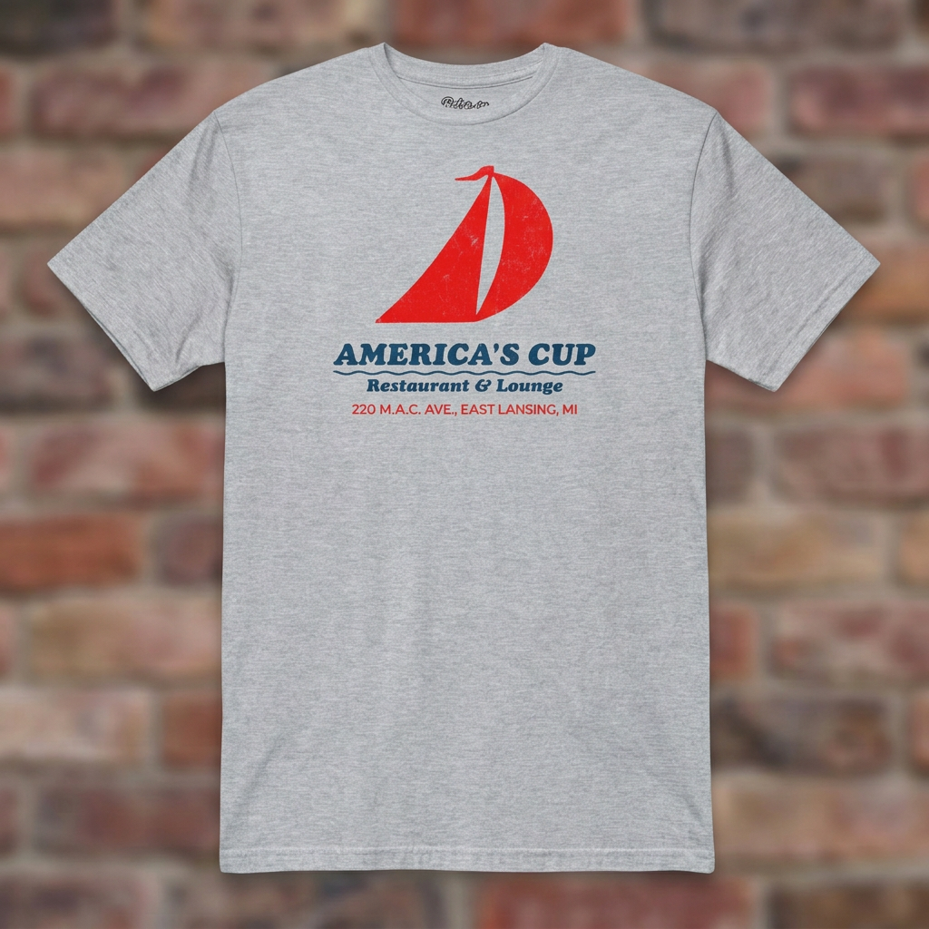 America's Cup Sport Grey T-shirt flat lay on brick background