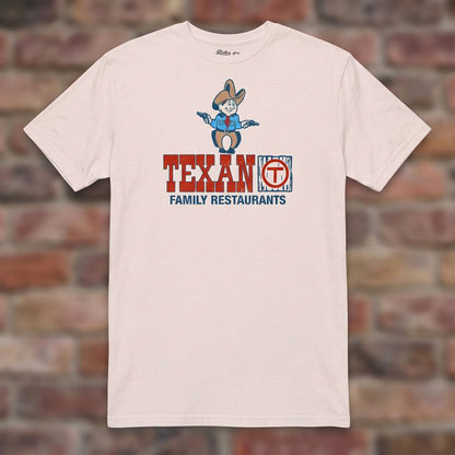 Ice Grey Texan Family Restaurant T-shirt flat lay on warm brick
