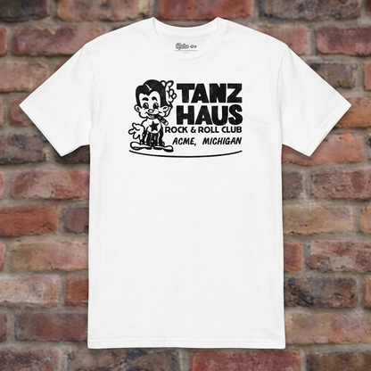 Tanz Haus White T-shirt flat lay on warm brick