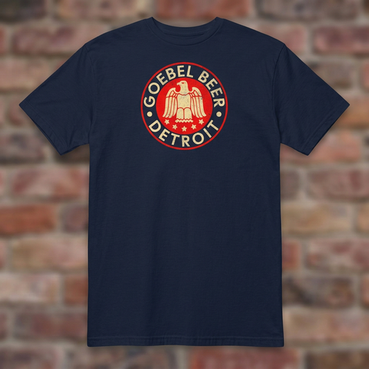 Goebel Beer Detroit T-shirt in Navy, flat lay on warm brick background