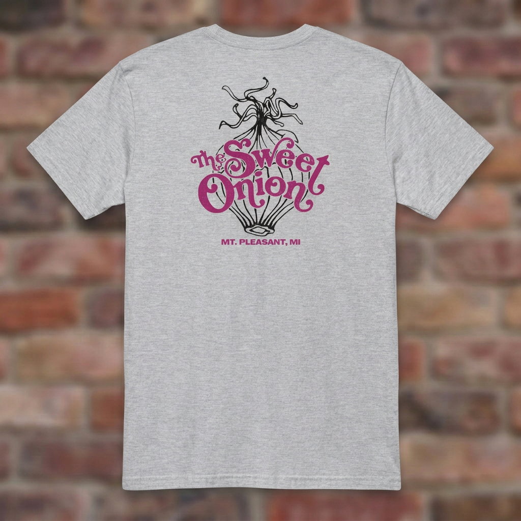 The Sweet Onion Sport Grey T-shirt flat lay on brick background