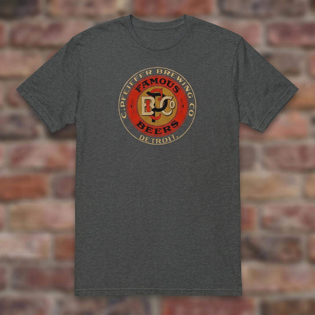 Pfeiffer Brewing Co. Detroit Dark Heather Grey T-shirt flat lay on brick background
