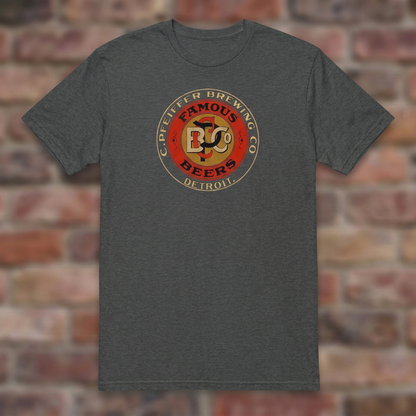 Pfeiffer Brewing Co. Detroit Dark Heather Grey T-shirt flat lay on brick background