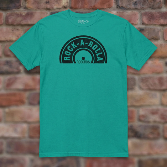 Rock-A-Rolla Records Jade Dome T-shirt flat lay on brick background