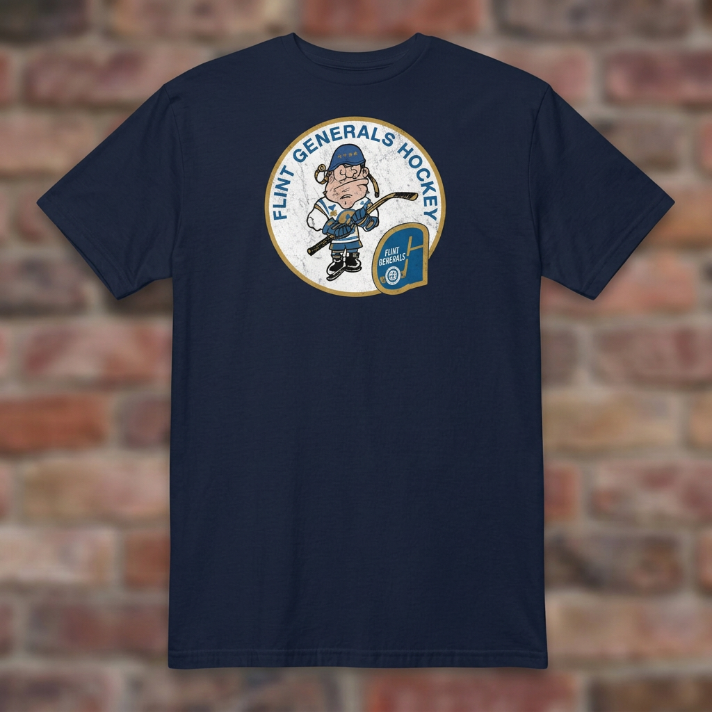 Flint Generals Hockey T-shirt in Navy, flat lay on warm brick background