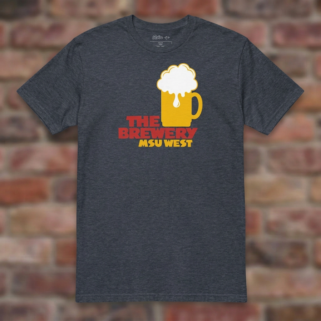 The Brewery East Lansing Heather Navy T-shirt flat lay on brick background