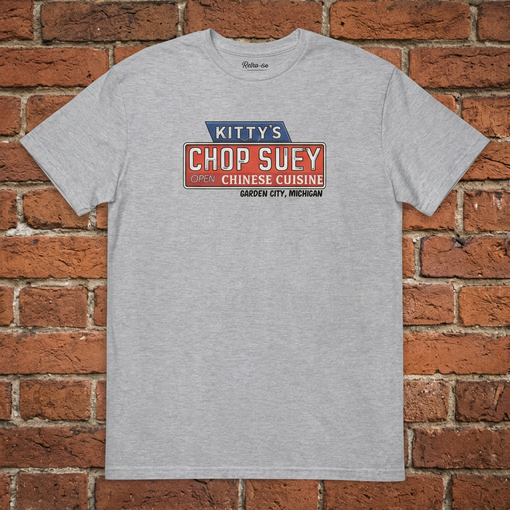 Kitty's Chop Suey Sport Grey T-shirt flat lay on brick background